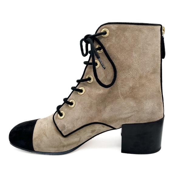 Chanel Interlocking CC Logo Suede CC Lace Up Short Heeled Cap Toe Boots - Picture 2 of 8